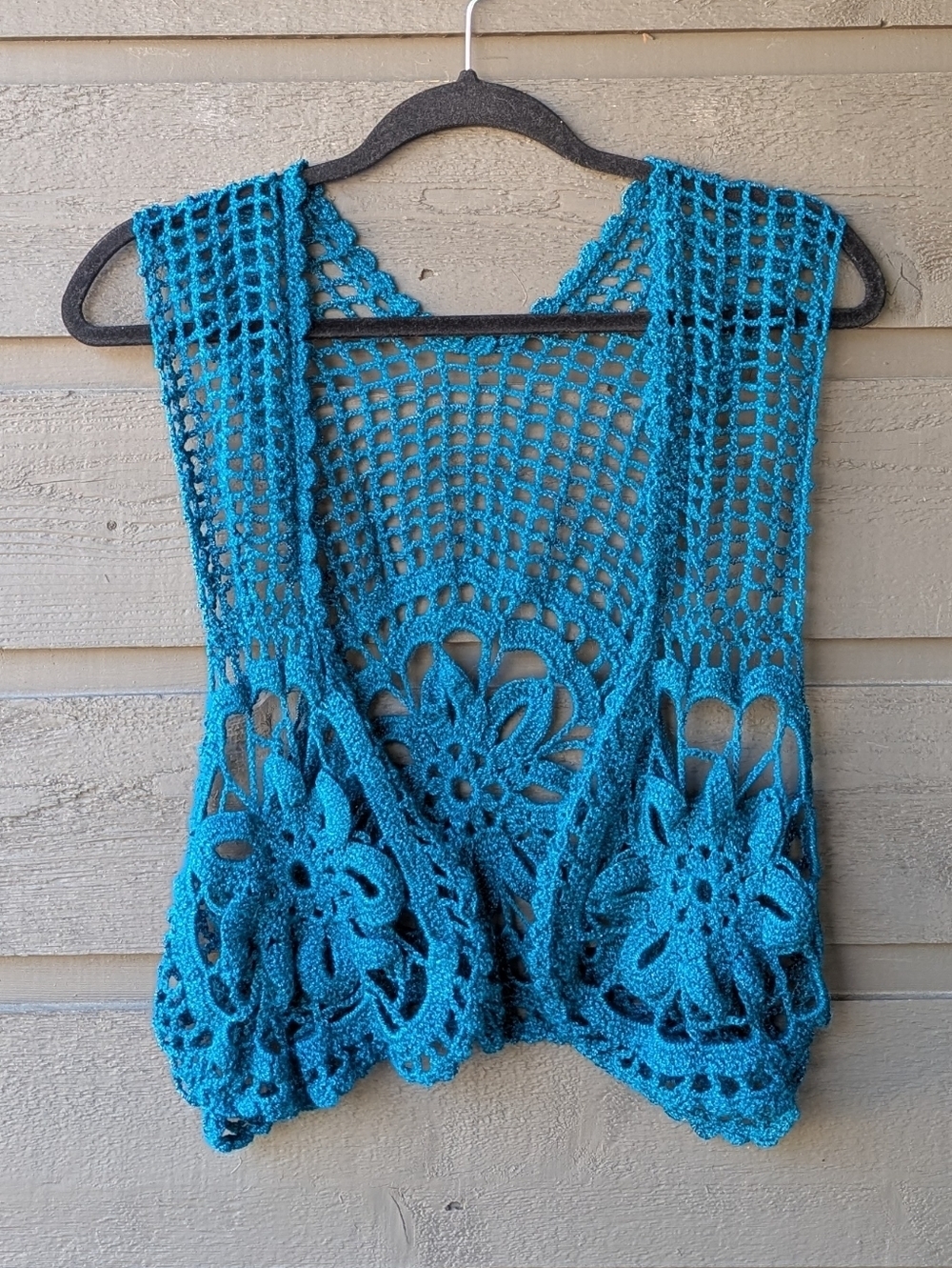 Handmade Floral Crochet Openwork Vest Teal Blue
